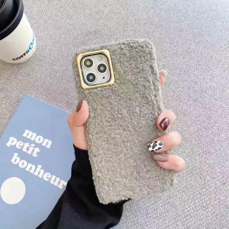 Fashion Teddy Plush Soft Phone Case for iPhone 13 12 11 Pro Max XS Max XR X SE Furry fluffy Warm Cover for iPhone 6 7 8 Plus Furry Plush Design Soft Silicone Bumper Fashion Fluffy Fur Warm Protective Back Cover by Stevvex