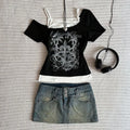 Women's 90s Vintage Punk T-Shirt Summer Streetwear Sexy Short Sleeve Gothic Slim Crop Top Hotgirl Casual Femme Tee Harajuku Y2k