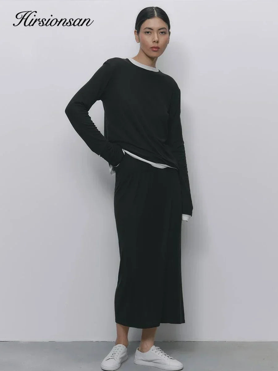 Hirsionsan Modal Soft Loose Sets Women 2026 Casual Two Pieces Long Sleeve T Shirts and High Waist Dresses Outfits Tracksuit