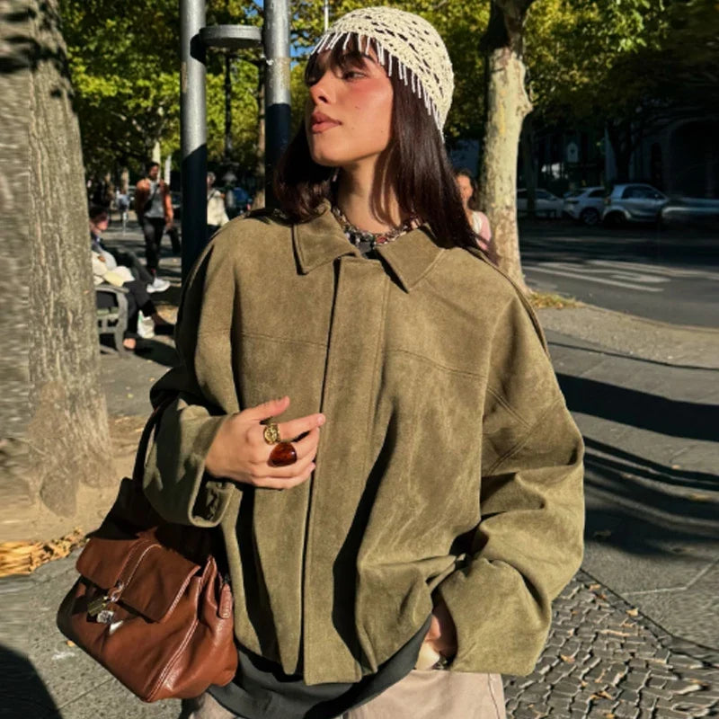 HXAO Suede Cropped Jacket Women's Bomber Jacket Oversized Batwing Sleeves Outerwears Lady Casual Loose Coat Street Style Jackets