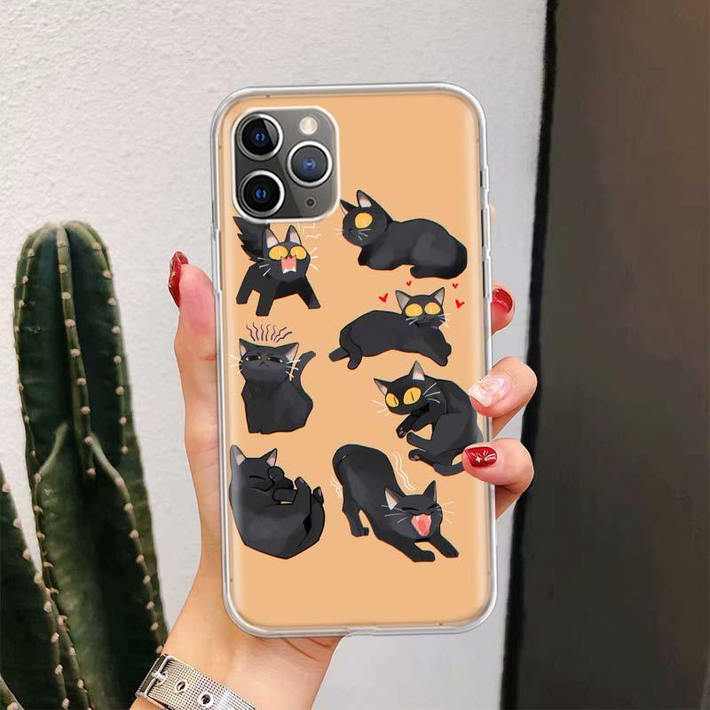 Black Cat Cartoon Cute For Iphone 11 13 14 Pro Max 12 Mini Phone Case X Xs Xr 6 6s 8 7 Plus Se 5 5s Cover Cute Funny Aesthetic Cat Design Pattern Silicone Soft Phone Case by Stevvex