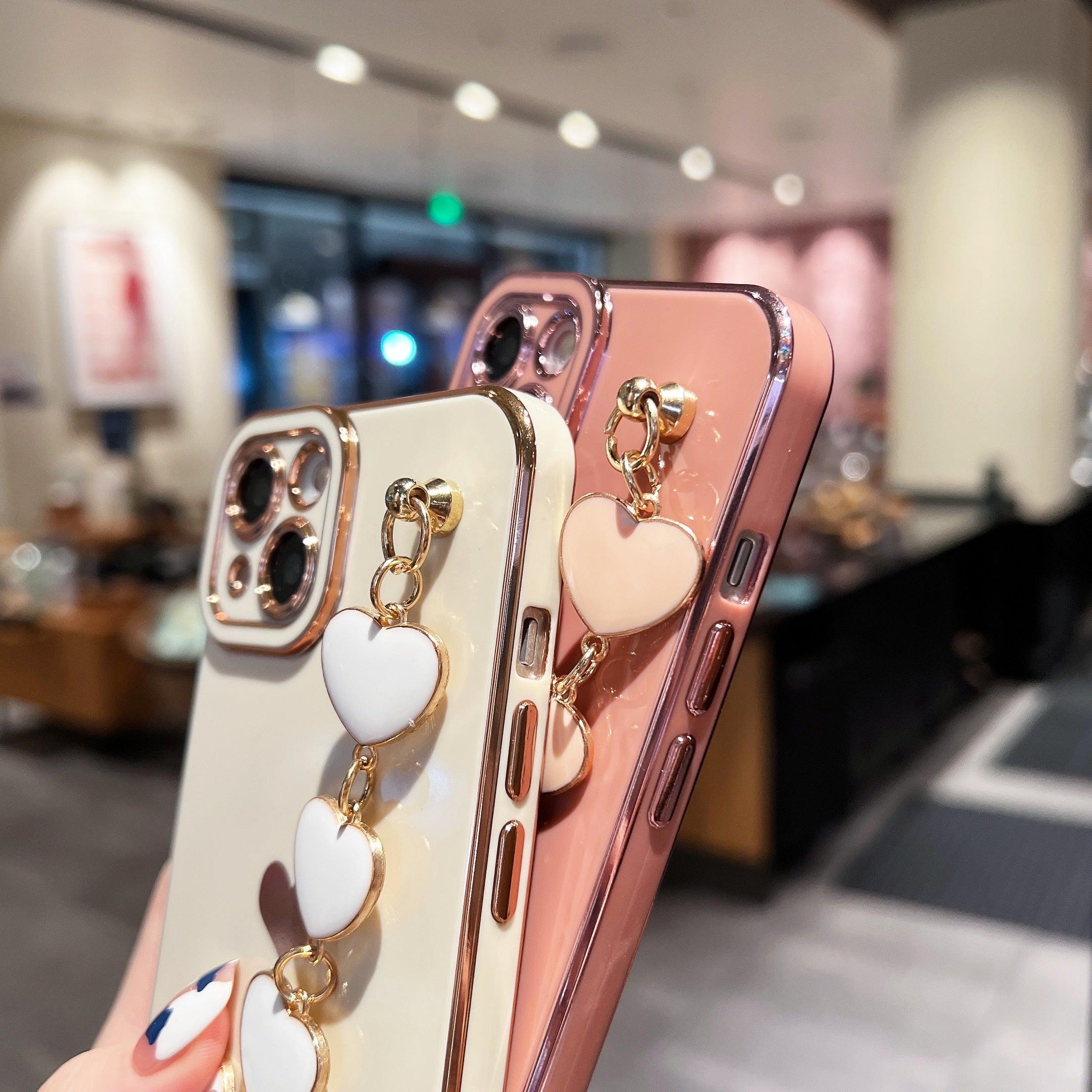 Luxury Love Heart Elegant Sparkle Case With Chain Bracelet Strap Soft Protective Bumper Cover Compatible with iPhone Bracelet soft case for iPhone 12 Pro Max 11 pro max X XS XR 7 8 Plus Stylish Phone Cover by Stevvex