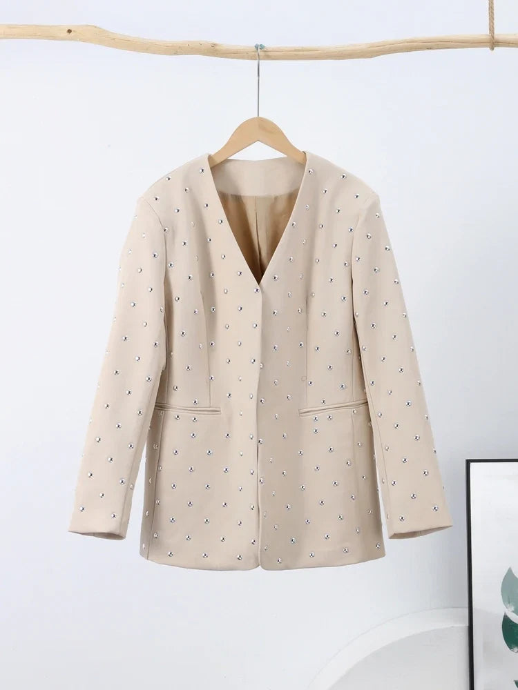Rivet Fashion V-neck Balzer Coat Women Shoulder Pads Loose Fake Pocket Long Sleeve Jacket 2025 Spring Street Party Commute Tops