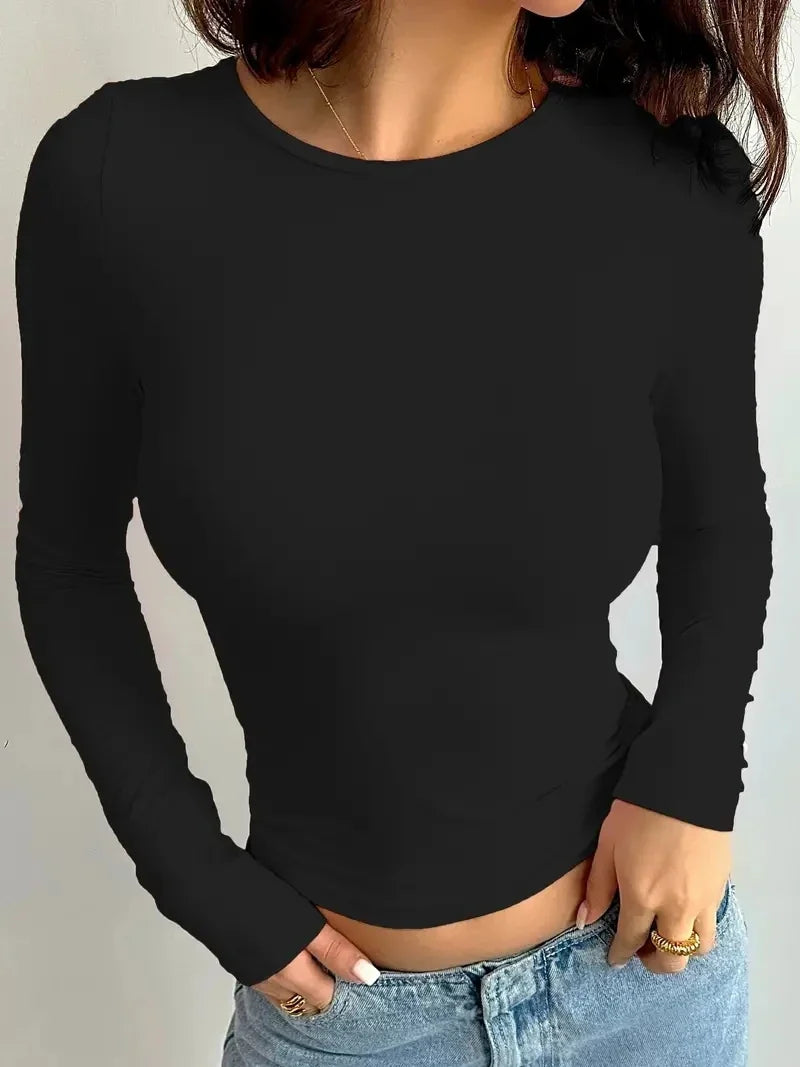 2026 Summer Solid Crew Neck T-Shirt Casual Long Sleeve Top For Spring & Fall,Women's Clothing