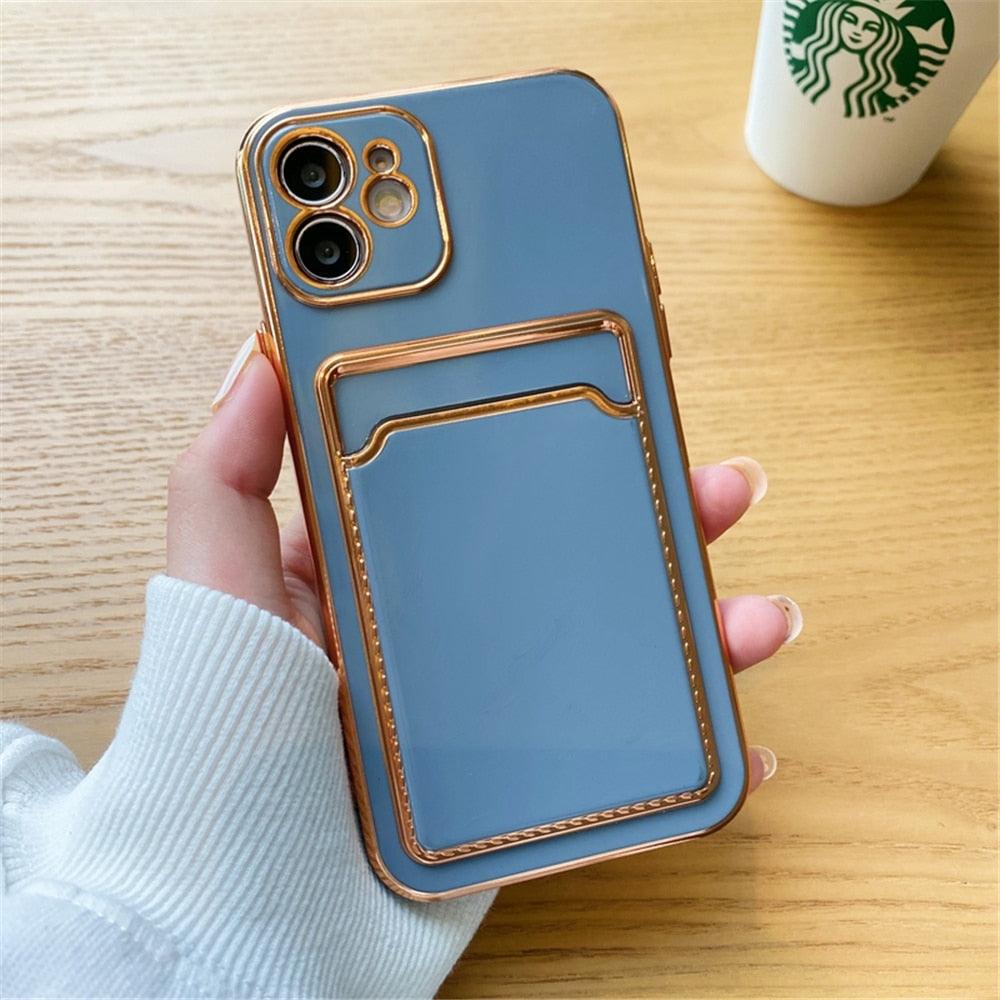 Luxury Plating Silicone Card Slot Holder Case For iPhone 14 12 13 Pro Max Elegant Women Soft Wallet Shockproof Cover Soft Bumper Beautiful Shiny Color Smartphone Case For Women by Stevvex
