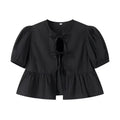MUJER White Ruffle Crop Top Women Black Short Puff Sleeve Blouse Female Bow Tied Summer Blouses Woman 2025 Ruched Cute Tops