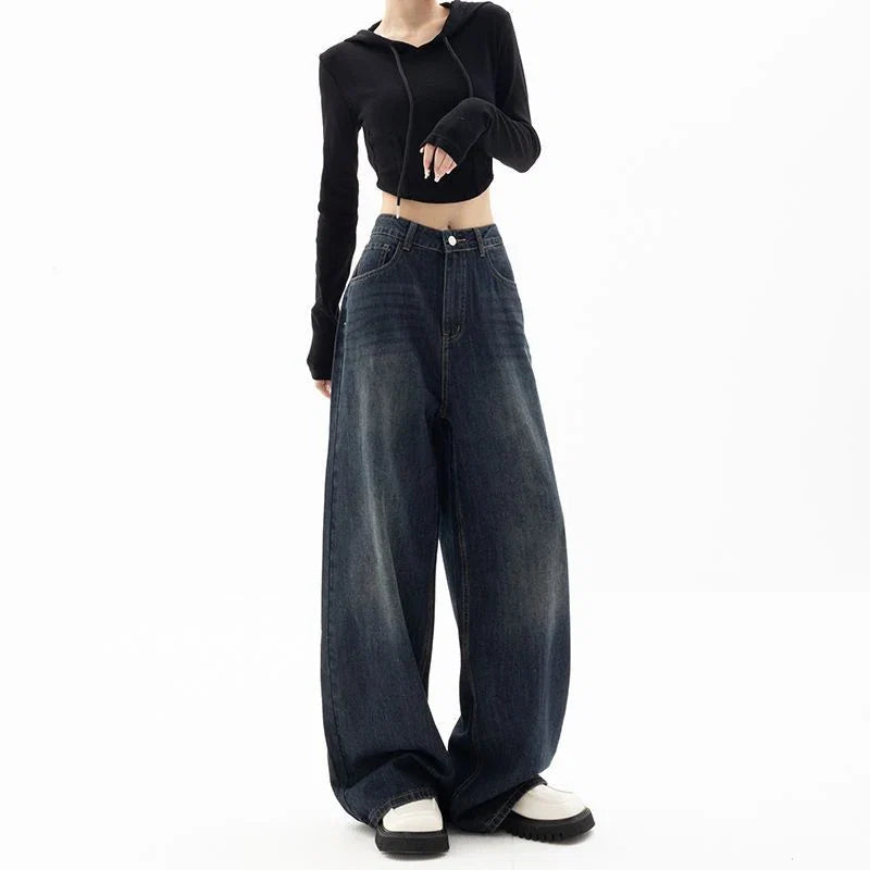 Women's Retro Street Style High-Waisted Wide Leg Pants Floor-Length Niche Design Loose Fit Slimming Jeans