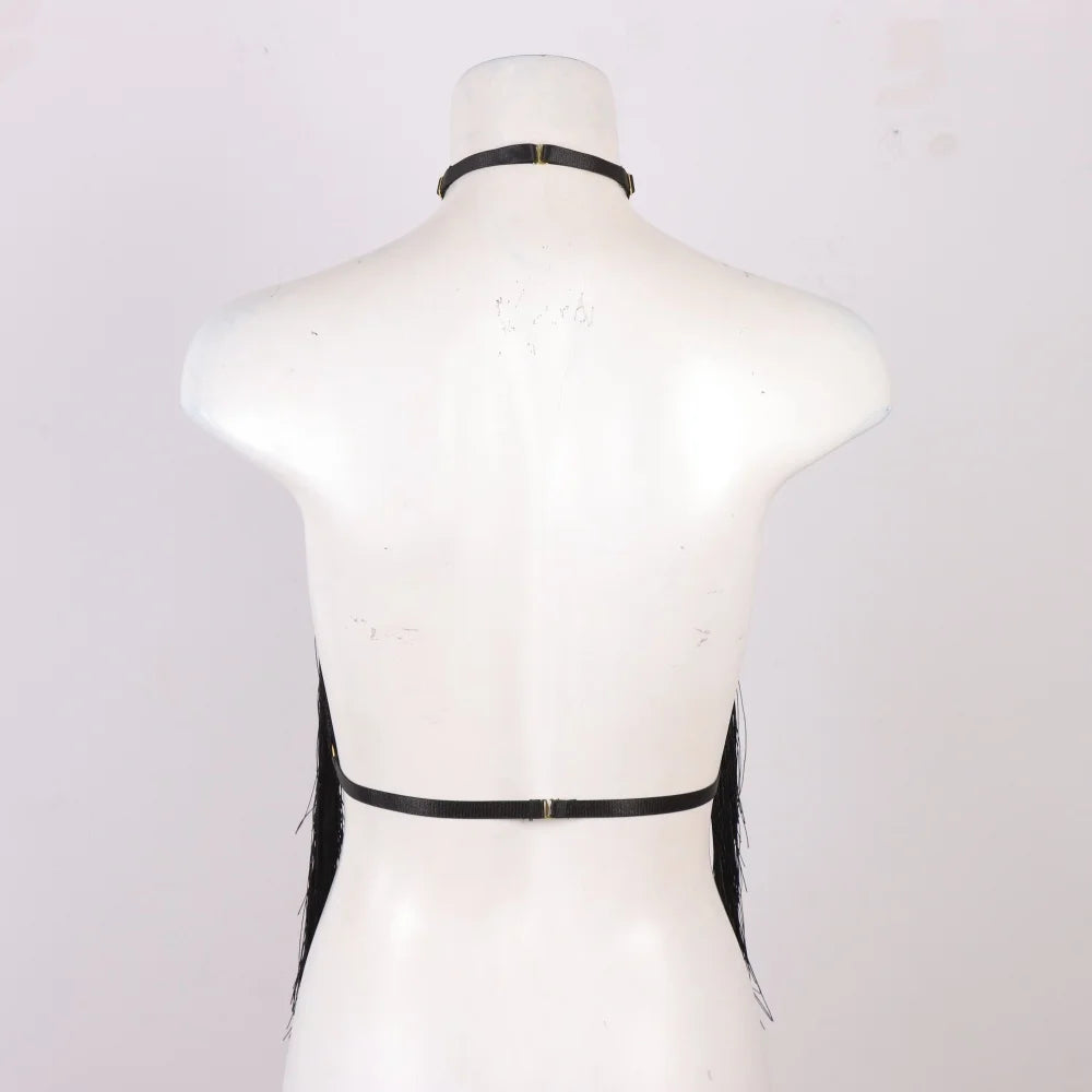 Women'S Black Tassel Halter Top-Adjustable Elastic Harness, All-Season Wear, Casual Attire Top,Tassel Detail Top