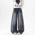 Women's Loose Straight Leg Jeans Elastic High-End Feel  European Fashion Embroidered Flower Trendy Versatile Wide Leg Jeans