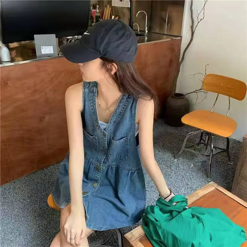 Sleeveless Strap Dress Women Summer Single-Breasted Pockets Denim Dresses Woman Korean Style Loose A Line Mini Dress