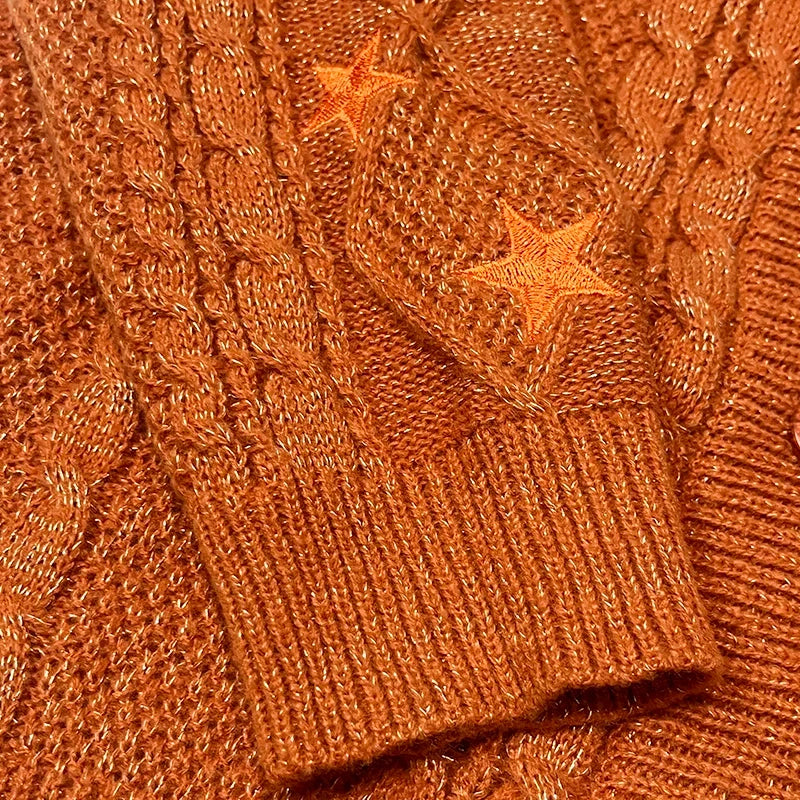 Glittery TS Cardigan Women Orange Chunky Knit Sweater with Star Embroidery Gold Thread Showgirl Cardigan Tay Cardi TLOAS