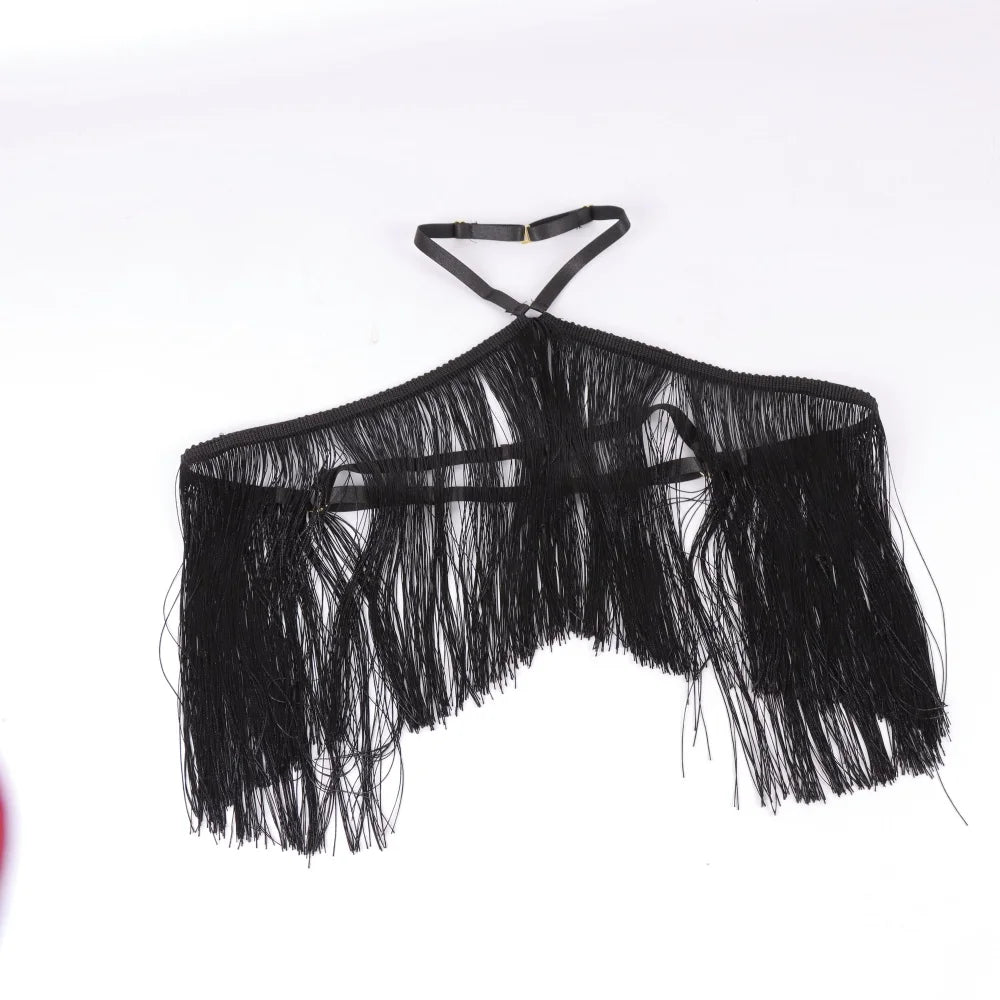 Women'S Black Tassel Halter Top-Adjustable Elastic Harness, All-Season Wear, Casual Attire Top,Tassel Detail Top