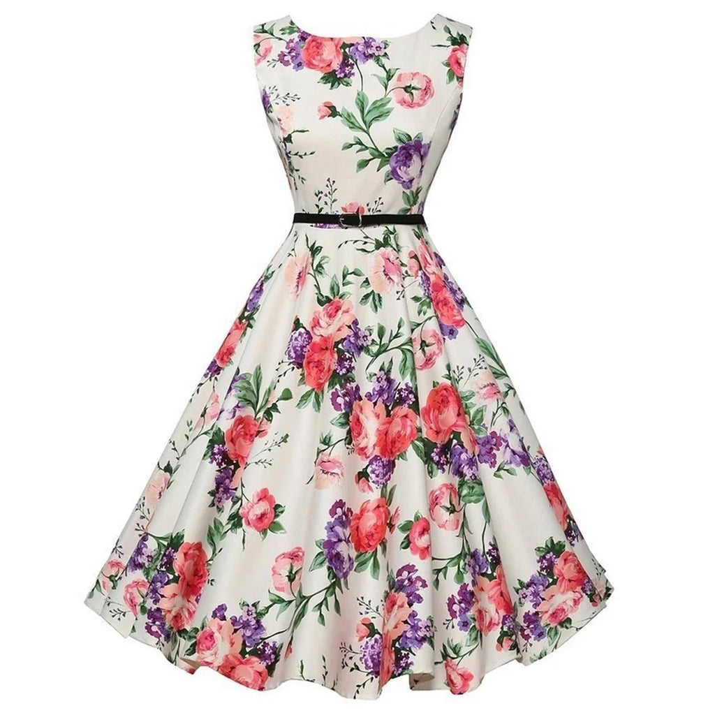 Summer Vestidos Dress Clothing Floral Robe Retro Swing Casual Vintage Rockabilly Dresses