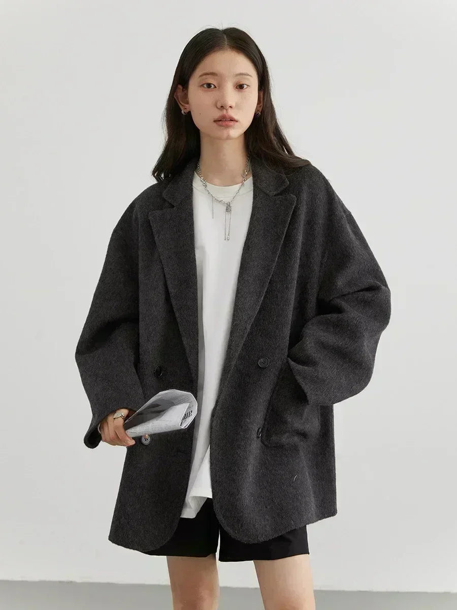 CHIC VEN Women's Woolen Coats Loose Casual Double Breasted Retro Double-sided Jacket Office Lady Outerwear Autumn Winter 2026