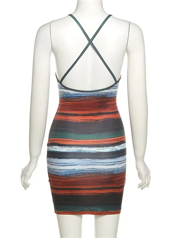 Kliou Panelled Striped Mini Dresses Aesthetic Women Sexy Skinny Slash Neck Camisole Backless Vintage Midnight Clubwear Outfits