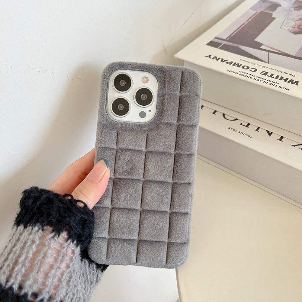 Fashion Fur Winter Warm Plush Square Lattice Solid Color Phone Case For iPhone 14 13 12 11 Pro Max Plus Fluffy Back Cover Case Silicon Soft Fluffy Furry Shockproof Protective Phone Case for iPhone by Stevvex