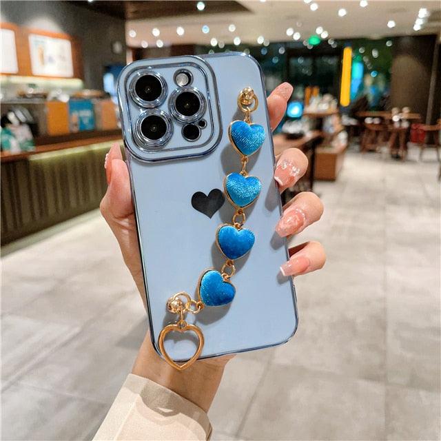Luxury Mini Heart Shaped Love Bracelet Strap Phone Case Case with Chain Luxury Sparkle Love-Hearts Case with Strap Bracelet Slim Soft Protective Girly Cover For iPhone 11 12 13 14 Pro Max X XR XS Nice Heart Frame On 7 8 Plus SE Chain Phone Cover by Stevvex