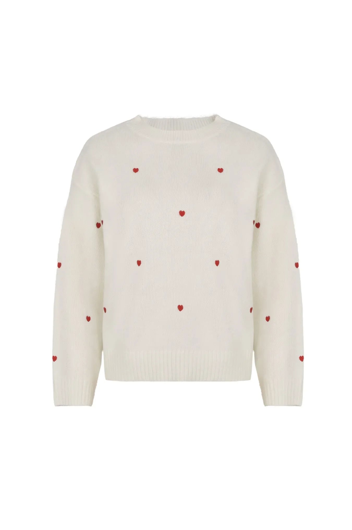 Women's Cream Red Heart Embroidered  Knit Sweater Crew Neck Long Sleeve Casual Pullover Fashion Comfortable Top