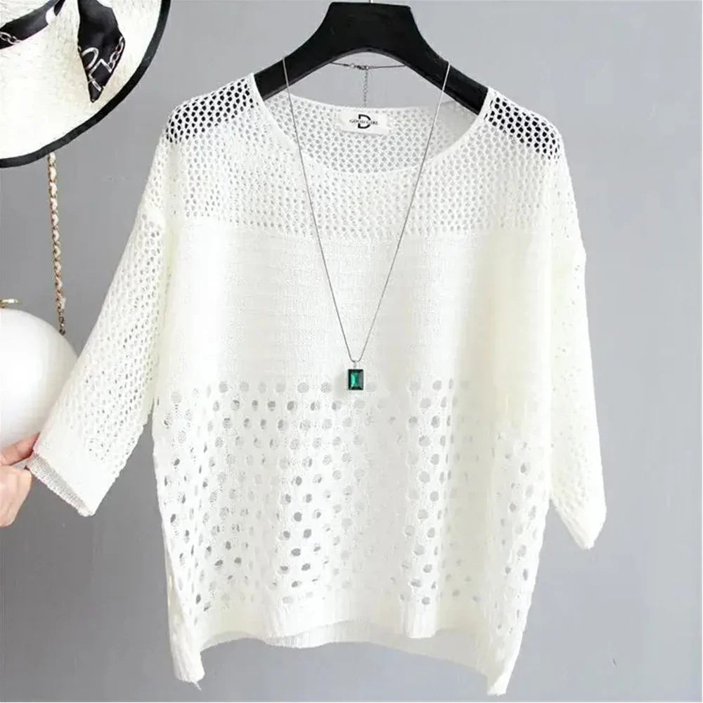Spring and Summer New Ice Silk Knitted Vest Top Hollow Out Thin Bottoming Sling Streetwear Womens Clothing Shirt