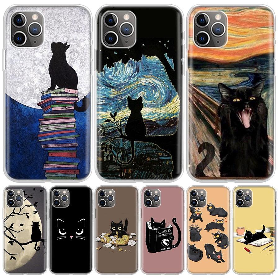 Black Cat Cartoon Cute For Iphone 11 13 14 Pro Max 12 Mini Phone Case X Xs Xr 6 6s 8 7 Plus Se 5 5s Cover Cute Funny Aesthetic Cat Design Pattern Silicone Soft Phone Case by Stevvex