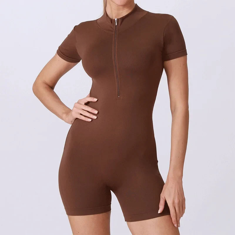 Summer Short Sleeve Zipper Jumpsuit Sports Wear Gym Fitness Sports Bodysuits Women Running Fashion Workout Clothes