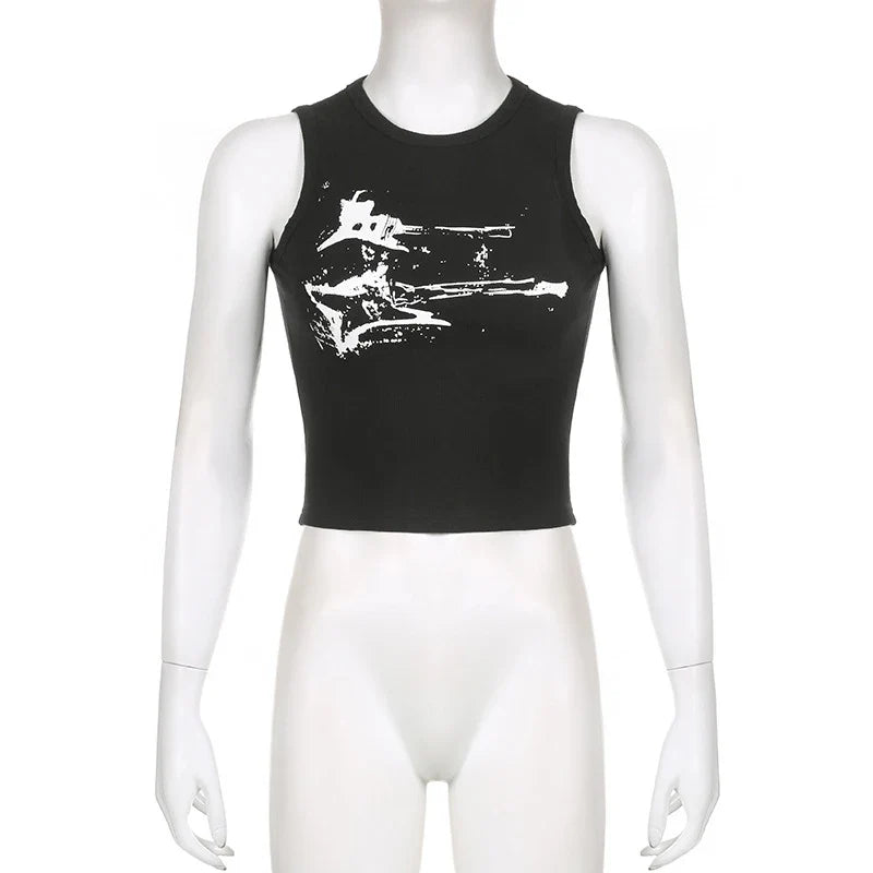 Guitar Print Sleeveless Tank Top Y2K Casual Ribbed Women Grunge Crop Top Harajuku Fashion Vest Tee 90s Street Outfits