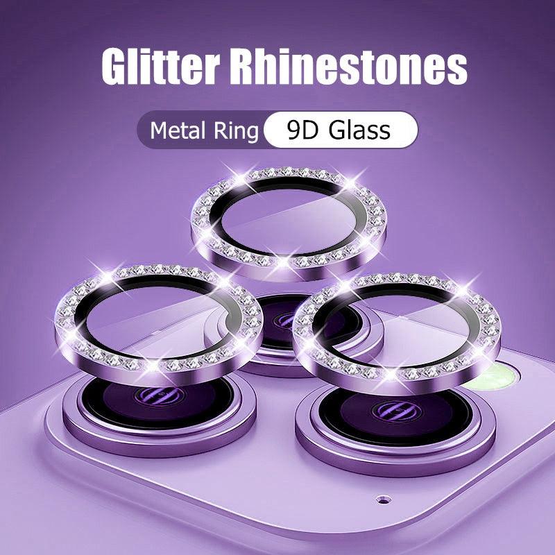 Glitter Diamond Rhinestones Metal Ring Camera Tempered Glass For iPhone 11 12 13 14 Pro Max Mini Plus Lens Protector Full Cover 9H Tempered Glass Camera Lens Protector Metal Single Ring Full Coverage Camera Lens Protector by Stevvex