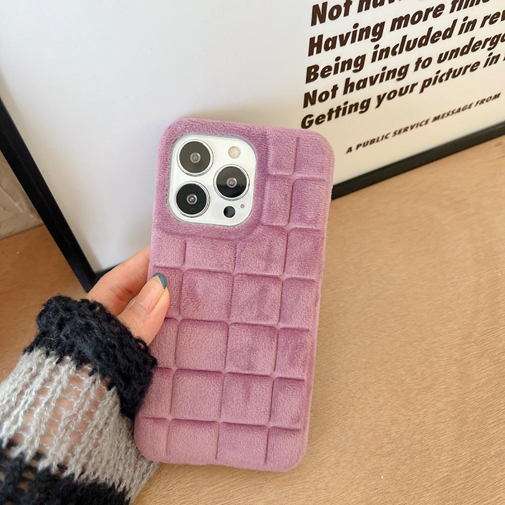 Fashion Fur Winter Warm Plush Square Lattice Solid Color Phone Case For iPhone 14 13 12 11 Pro Max Plus Fluffy Back Cover Case Silicon Soft Fluffy Furry Shockproof Protective Phone Case for iPhone by Stevvex