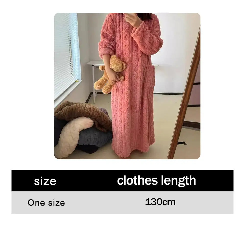 Coral Velvet Women's Nightgown Autumn And Winter Long Sleeve Double Pocket Flannel Nightgowns Women Loose Solid Sleepwear
