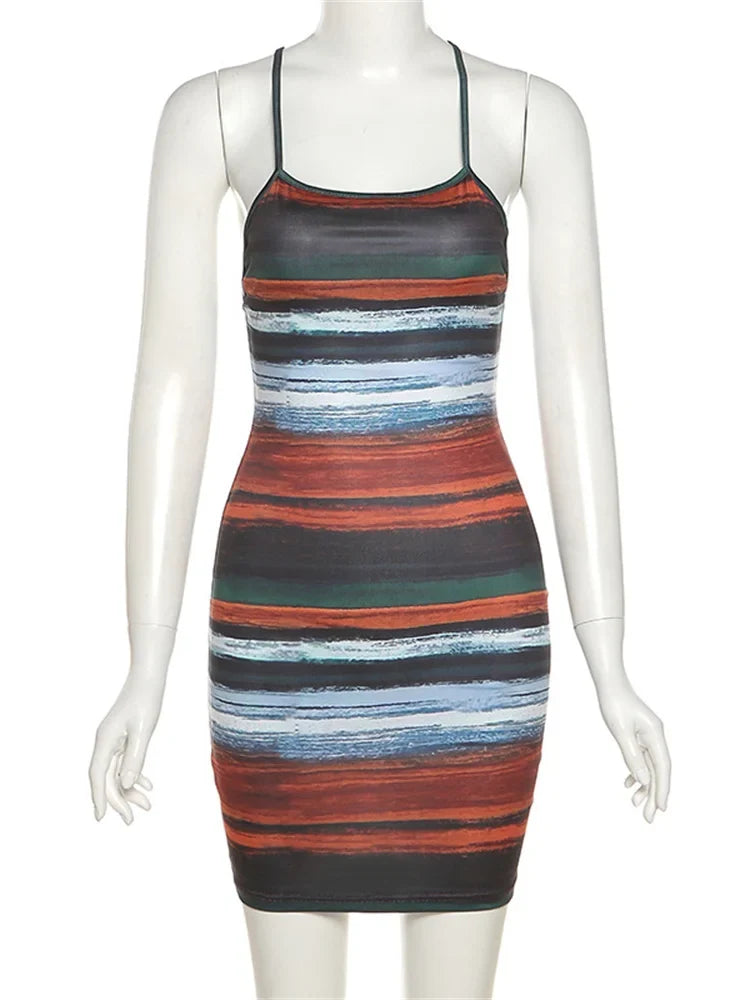 Kliou Panelled Striped Mini Dresses Aesthetic Women Sexy Skinny Slash Neck Camisole Backless Vintage Midnight Clubwear Outfits