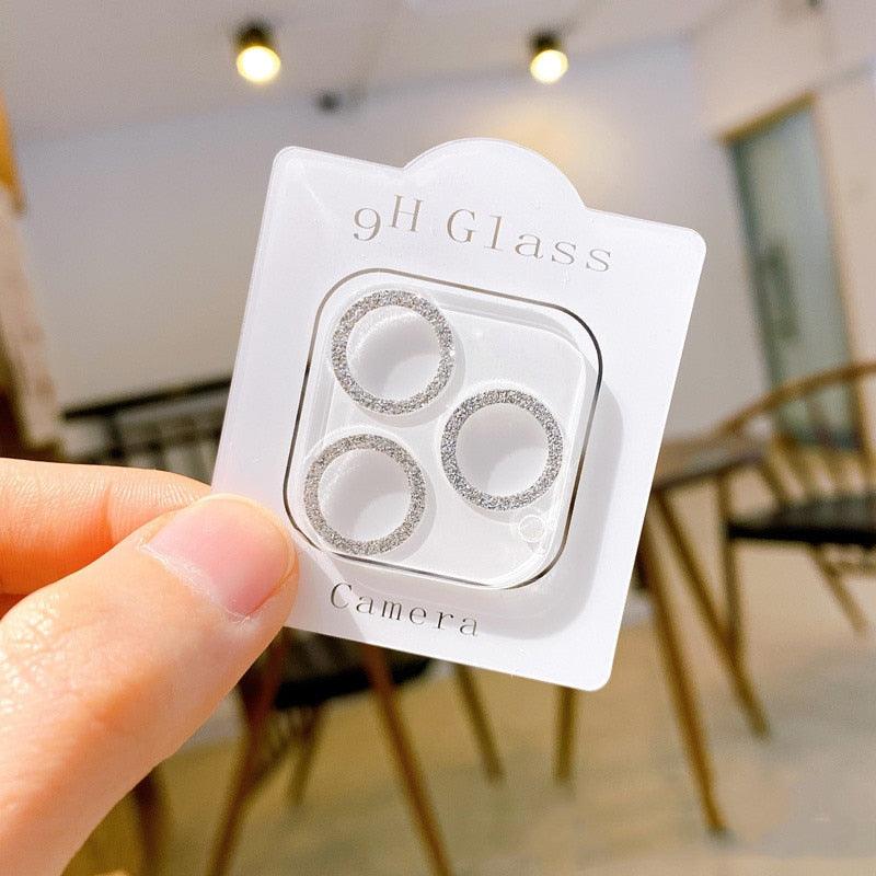 Glitter Camera Protector Glass For iPhone 14 13 12 Pro Max 11 Mini Diamond Lens Back Cover For iPhone 14Pro 13Pro 13 Protective Sparkling Glittery Edge Cover Tempered Glass Circle by Stevvex