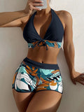 Europe and the United States swimsuit ladies print neck conservative flat Angle high waist split flat Angle bikini high waist