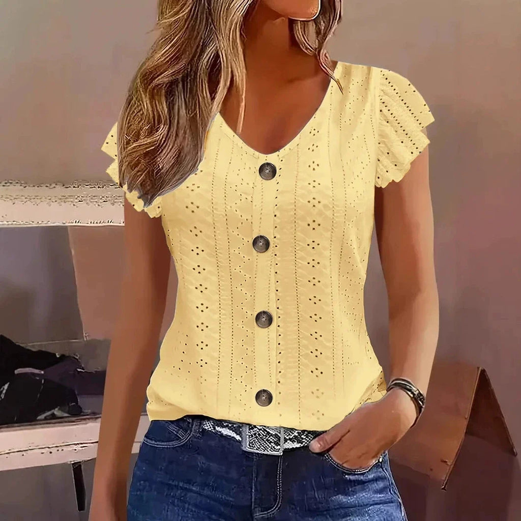 2025 Spring/Summer new women's fashion stylish commute casual solid color multi-color ruffle sleeve V-neck T-shirt