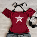Women's Harajuku 2025 Summer Casual T-Shirt Y2K Retro Streetwear Halter Neck Print Fake Two-Piece Set Fashionable Street Style