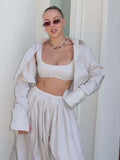 Drop Waist Lantern Pant 3 Pieces Suit Women Stripe Bikini Long Sleeve Lapel Shirt Pants Sets 2026 Female Casual Street Outfit