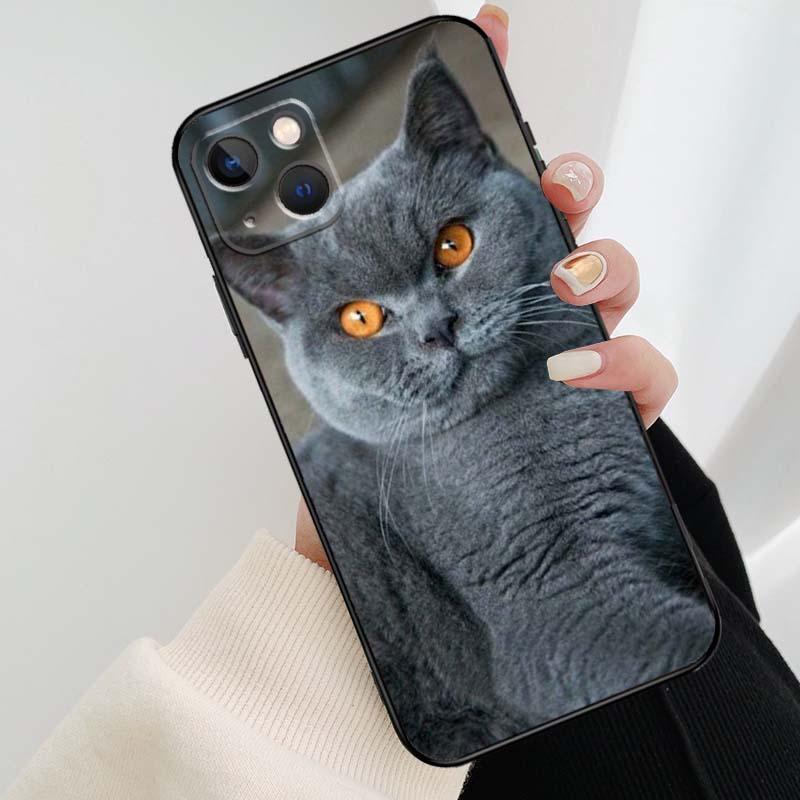 Beautiful Grey British Shorthair Cat Case For iPhone 12 13 Mini 13 11 12 14 Pro Max XS X XR 6S 7 8 Plus SE 2020 Silicone Cover Silicone Soft Black Moon Smooth Print Design by Stevvex