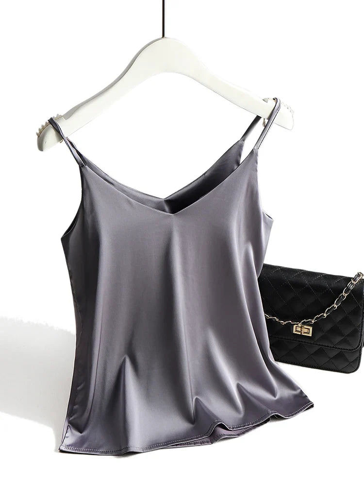 AOSSVIAO 2026 Spaghetti Strap Top Women Halter V Neck Basic White Cami Sleeveless Satin Silk Tank Tops Women'S Summer Camisole