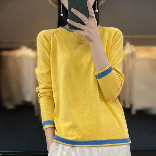 100% Cotton Knitwear Women's Round Neck Sweater Spring And Summer New Loose Color Matching Cotton And Linen Bottoming Shirt by Urban Fashion Icon