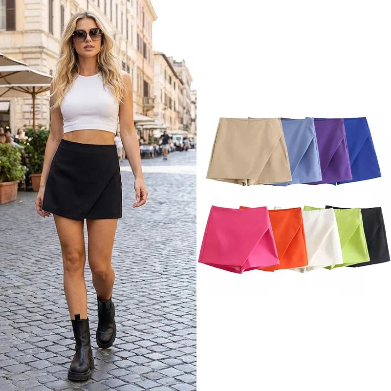 Willshela Women Fashion Asymmetrical Shorts Skirts High Waist Back Pockets Side Zipper Vintage Female Skort Solid