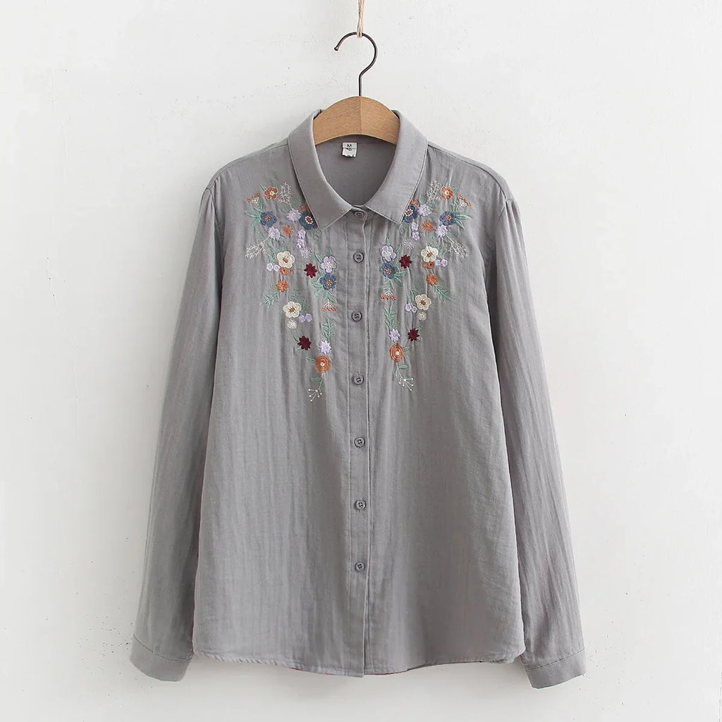 Spring Double 100% Cotton Yarn Shirts Women Turn-down Collar Loose Tops Girl Long Sleeve Embroidery Blouses 2024 Autumn T42909QM