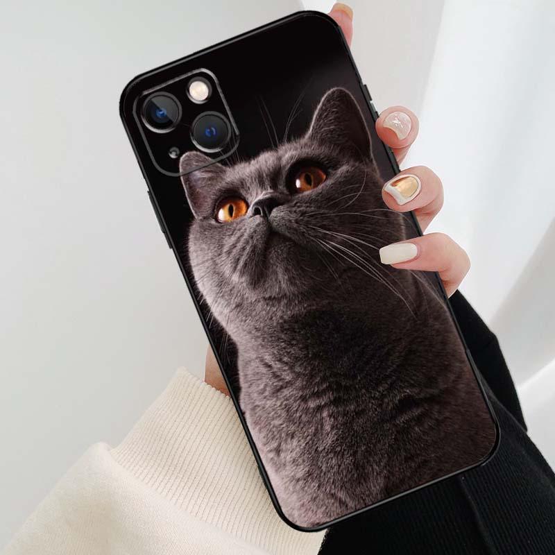 Beautiful Grey British Shorthair Cat Case For iPhone 12 13 Mini 13 11 12 14 Pro Max XS X XR 6S 7 8 Plus SE 2020 Silicone Cover Silicone Soft Black Moon Smooth Print Design by Stevvex