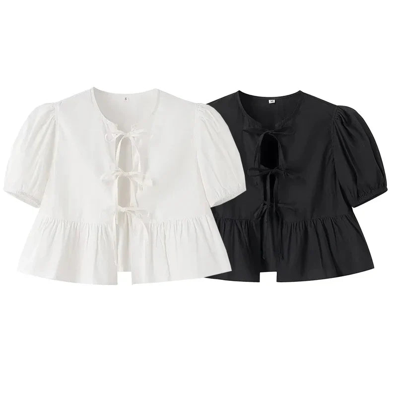 MUJER White Ruffle Crop Top Women Black Short Puff Sleeve Blouse Female Bow Tied Summer Blouses Woman 2025 Ruched Cute Tops