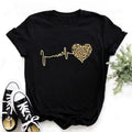Summer new women's T-shirt with leopard print and heartbeat pattern, short-sleeved