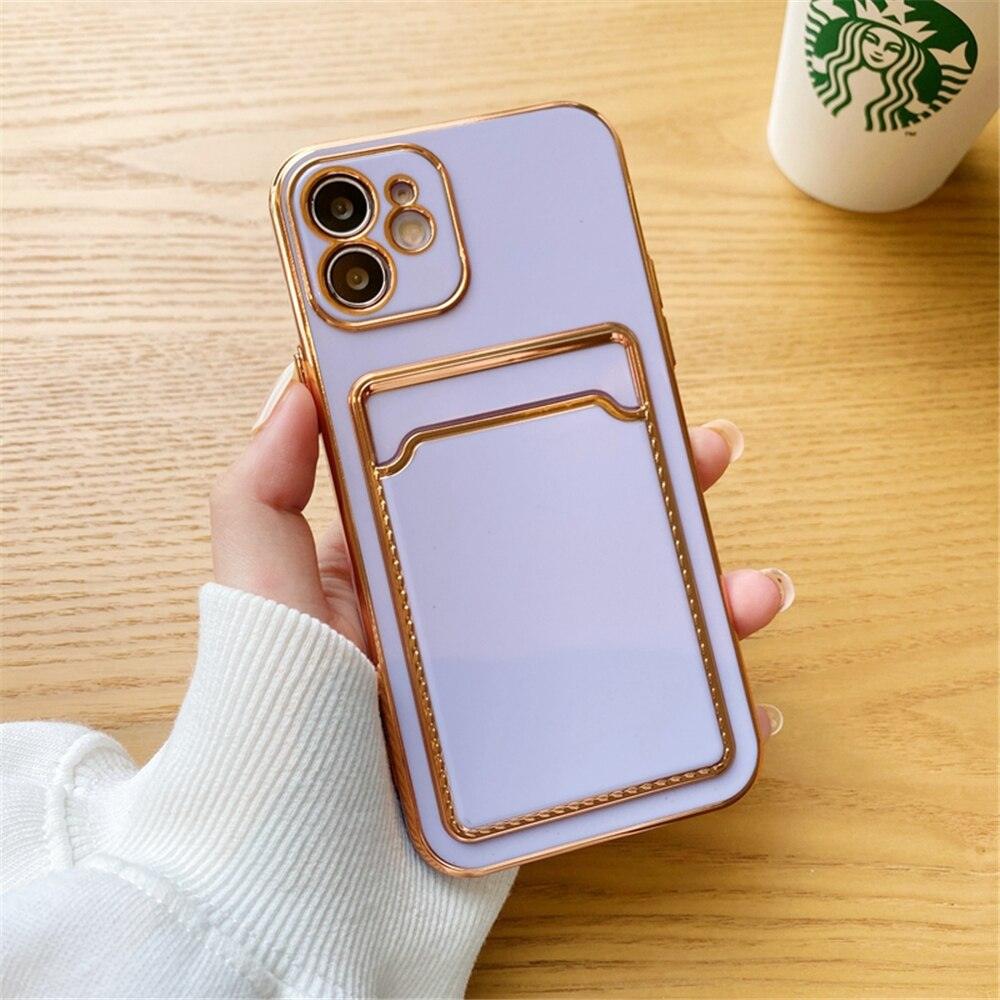 Luxury Plating Silicone Card Slot Holder Case For iPhone 14 12 13 Pro Max Elegant Women Soft Wallet Shockproof Cover Soft Bumper Beautiful Shiny Color Smartphone Case For Women by Stevvex