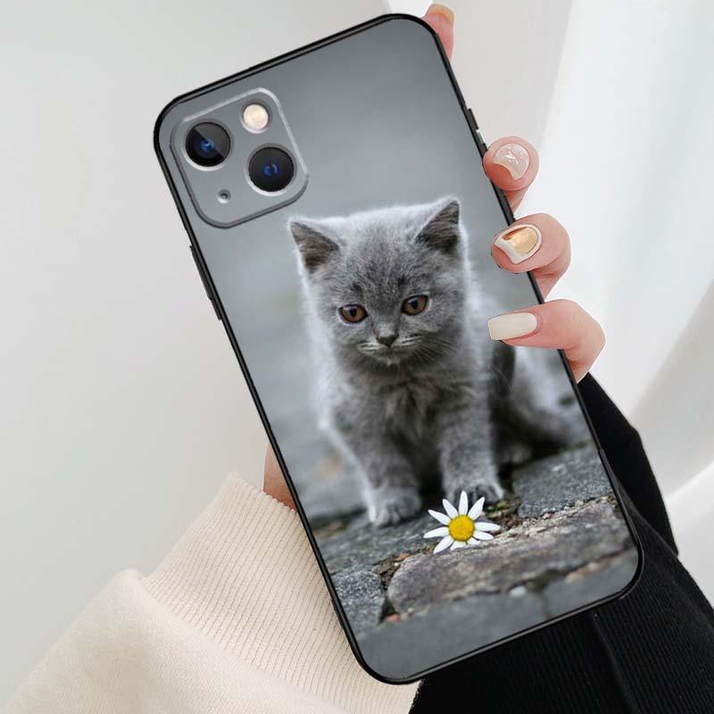Beautiful Grey British Shorthair Cat Case For iPhone 12 13 Mini 13 11 12 14 Pro Max XS X XR 6S 7 8 Plus SE 2020 Silicone Cover Silicone Soft Black Moon Smooth Print Design by Stevvex