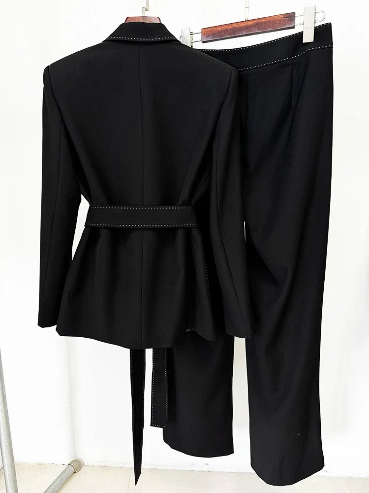 HIGH STREET Newest Fashion 2026 Designer Suit Set Women's Contrast Stitching Belted Blazer Pants Suit 2pcs