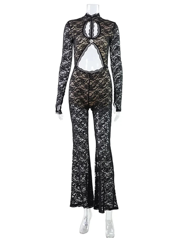 Solid Lace Jumpsuits For Women Fashion Sexy Club Long Sleeves O-Neck Hollow Out See Through Romper Female Streetwear Slim Fit