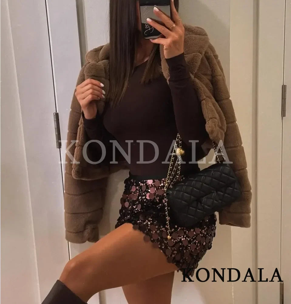 KONDALA Sexy Party Sequined Mini Skirts Women's Hip Wrap Sequin Mini Skirts 2026 Spring Summer Fashion Dinner Date Ladies Skirts