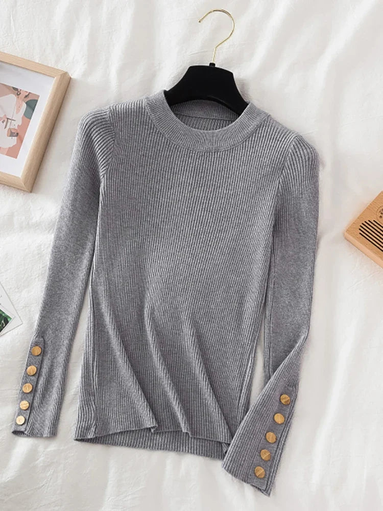 2026 women thick sweater pullovers khaki casual autumn winter button o-neck chic sweater female slim knit top soft jumper tops