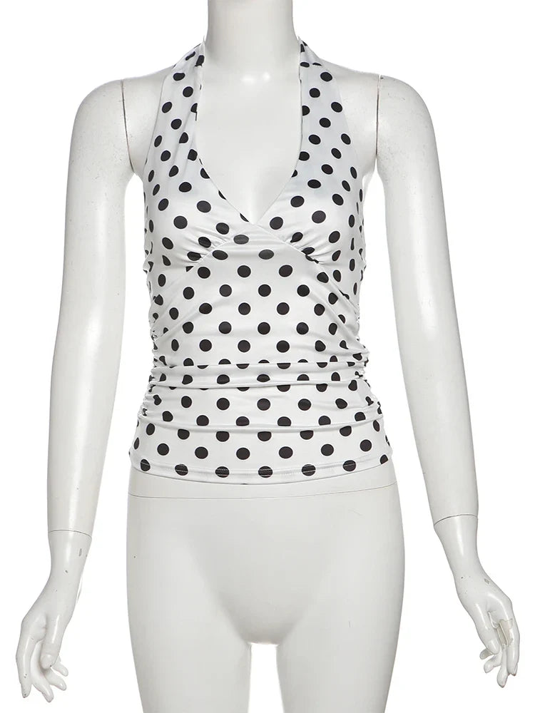 Weird Puss Polka Dot Print Vest Women Y2K Lace-Up Backless Halter v-Neck Skinny Summer Trend Daily  Street Basic Chic Tank Tops